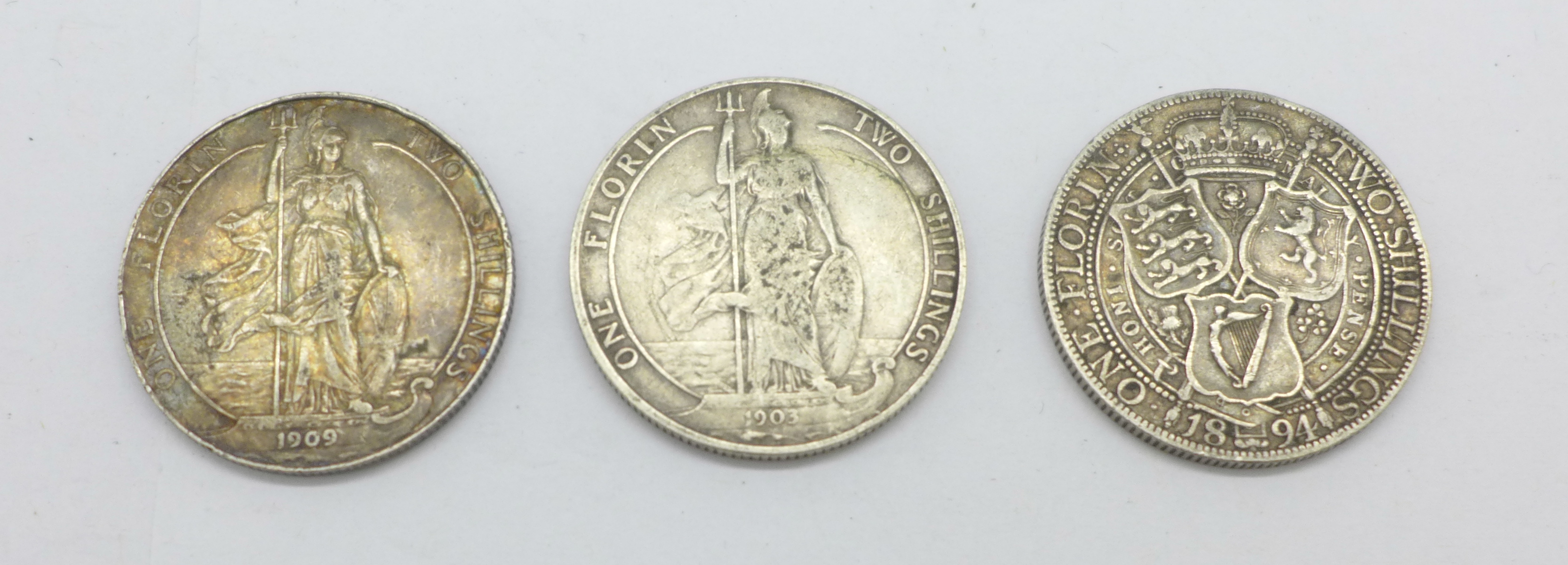 Three one florin coins, 1891, 1903 and 1909