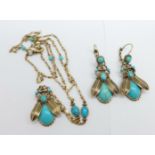 Turquoise set scarab beetle earrings and matching necklace