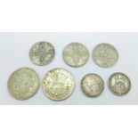 Seven coins; two half-crowns, 1931 and 1941, three florins, 1914, 1916 and 1923, and two