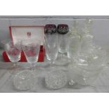 Two glass decanters, six etched glasses, six glass bowls, two whisky glasses, boxed, etc. (three