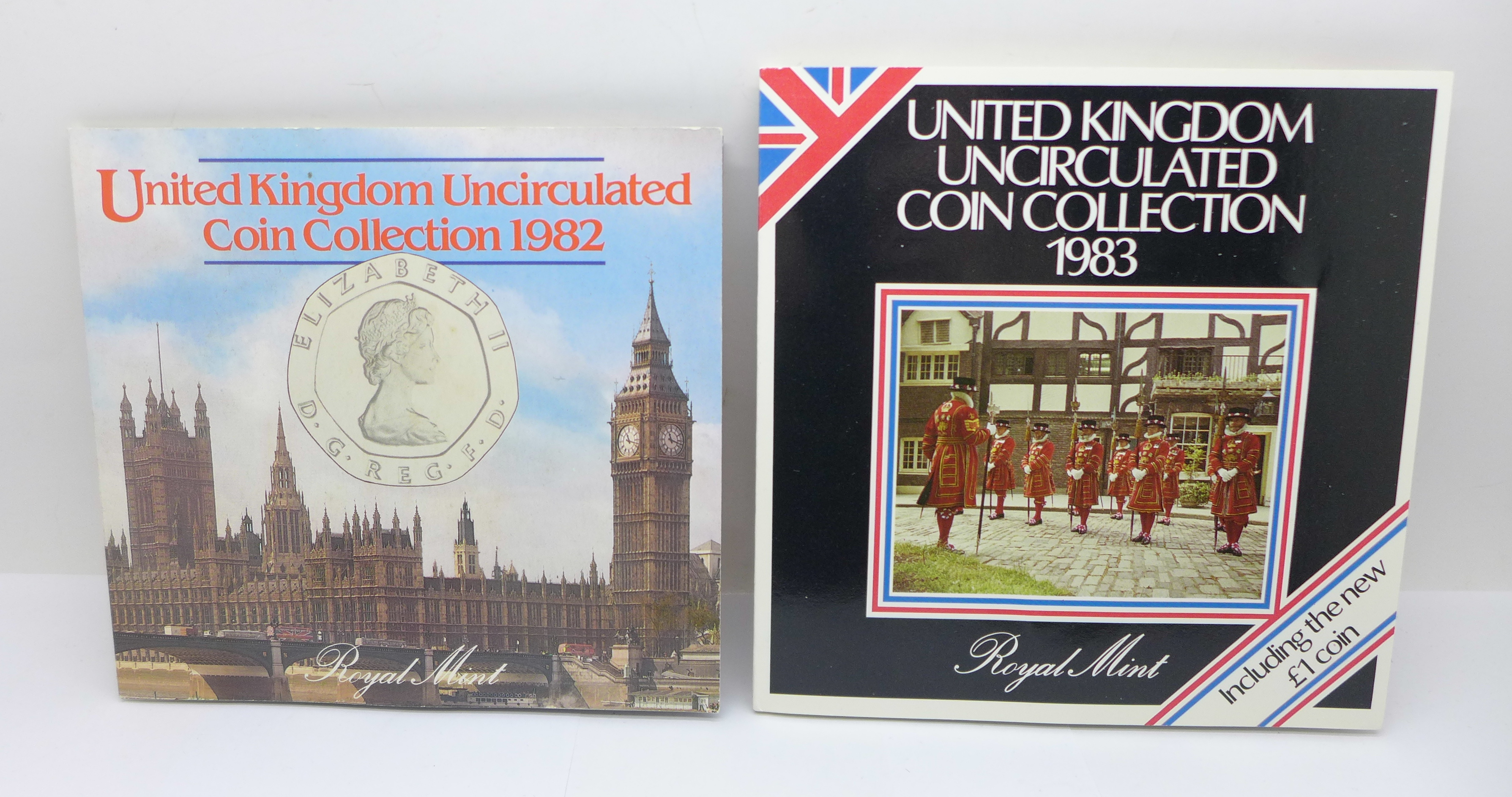 Two UK uncirculated coin collections, years 1982 and 1983, including the new £1 coin