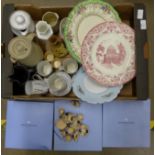 Three Wedgwood collectors plates, boxed, stoneware coffee pots, other studio pottery, a Spode blue