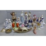 A collection of figures including an abalone model boat with musical movement **PLEASE NOTE THIS LOT