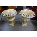 A pair of Italian Sienna marble campana shaped urns, 63cms h