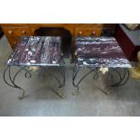 A pair of Italian wrought iron, gilt metal and marble topped lamp tables