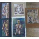 Joseph Smedley, five studies of male nudes, watercolour and pencil, various sizes, all unframed