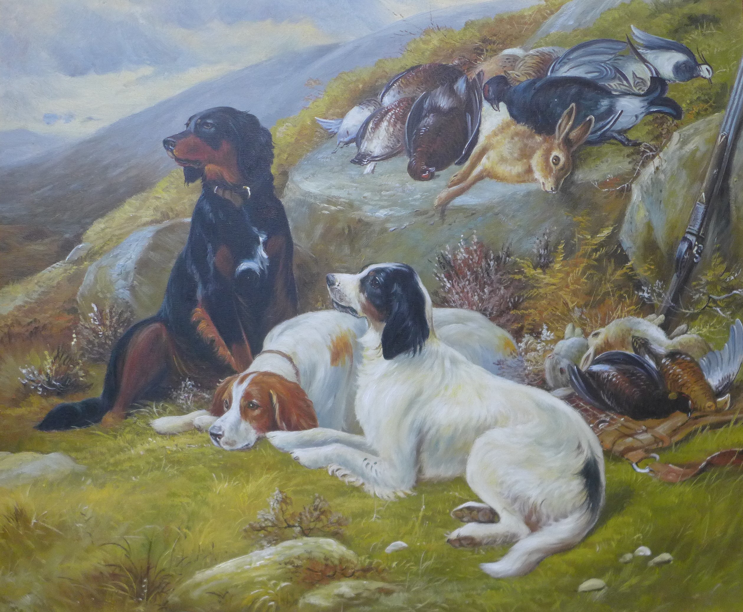 A landscape with English setters and game, oil on canvas, 50 x 60cms, framed