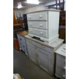 A Victorian pine dresser, painted tallboy and a painted pine chest of drawers