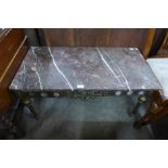 A French style gilt wood and marble topped coffee table and a brass and onyx standard lamp