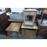 A pine TV unit, occasional table and a side table