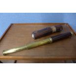 A mahogany and brass two draw telescope, in brown leather case