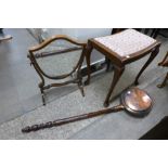 A Reprodox mahogany shield shaped toilet mirror, a mahogany stool and a copper warming pan