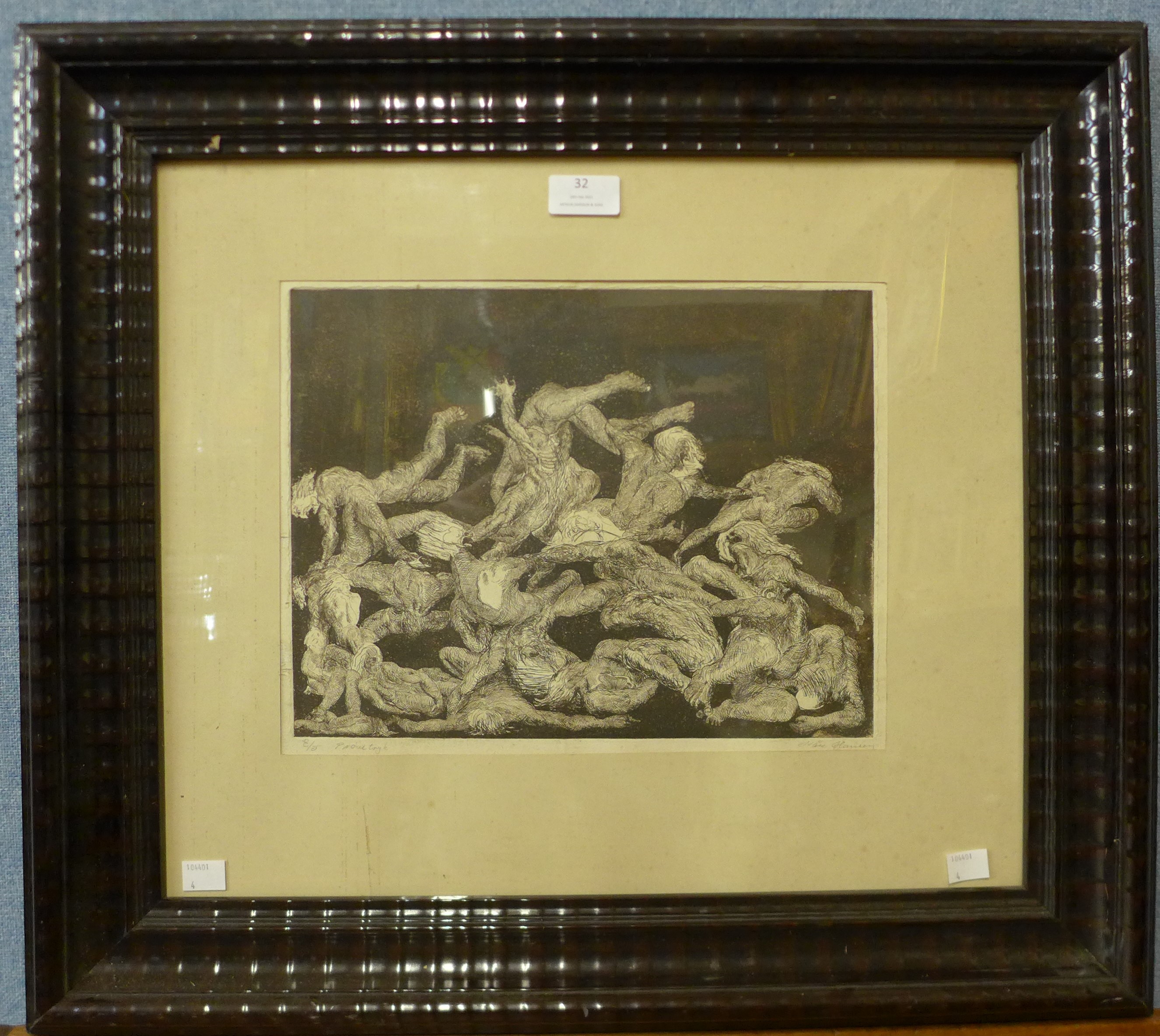 An indistinctly signed limited edition etching, Bacchanalian orgy, no. 3/5, 24 x 31cms, framed - Image 2 of 3