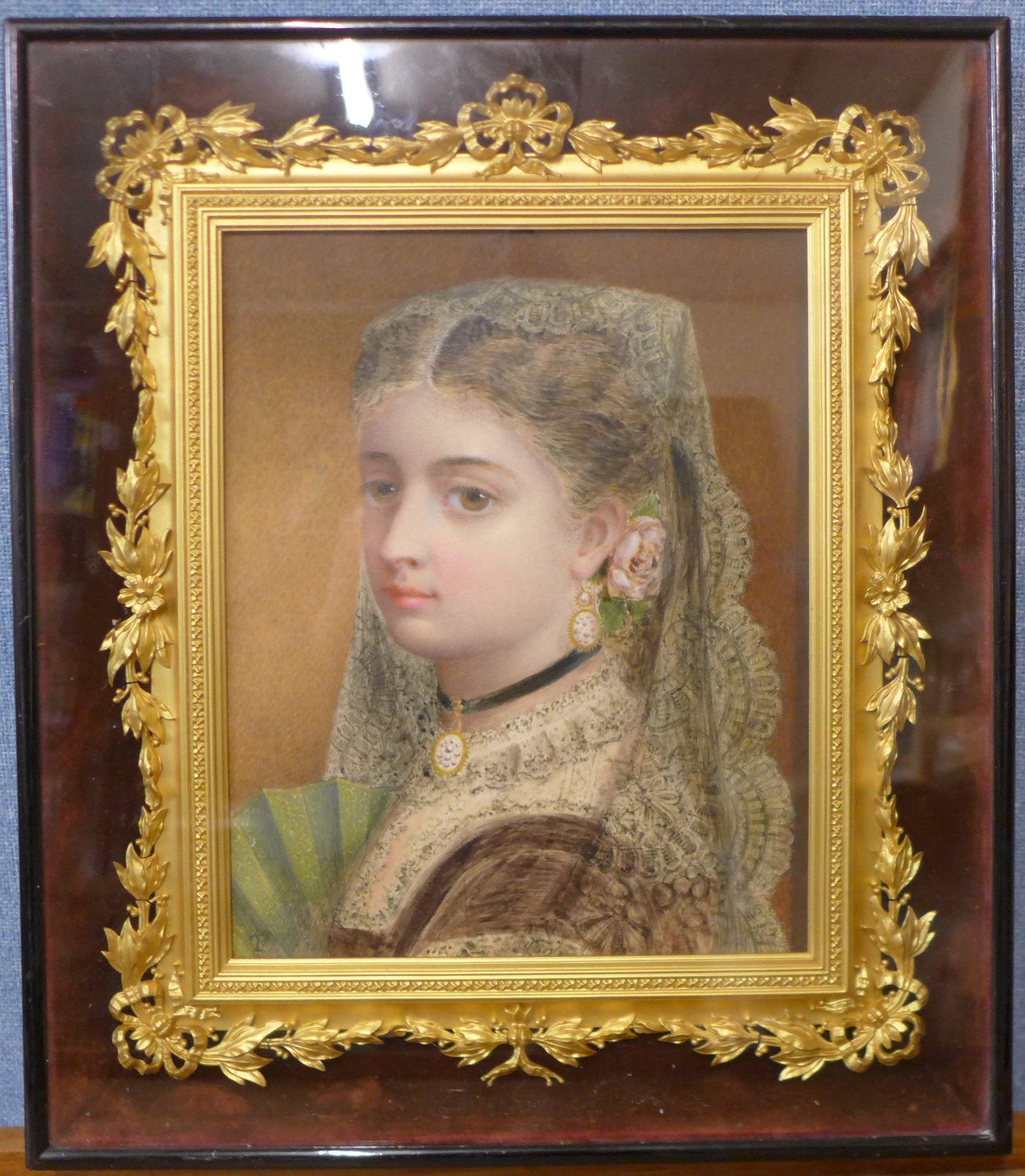 Spanish School (19th Century), portrait of a noble lady, watercolour, indistinctly signed bottom - Image 2 of 3