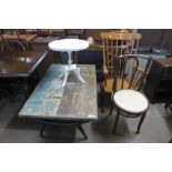 A painted metal based coffee table, beech rocking chair, bentwood chair and a painted occasional