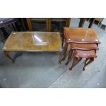 A burr walnut coffee table and a yew wood nest of tables