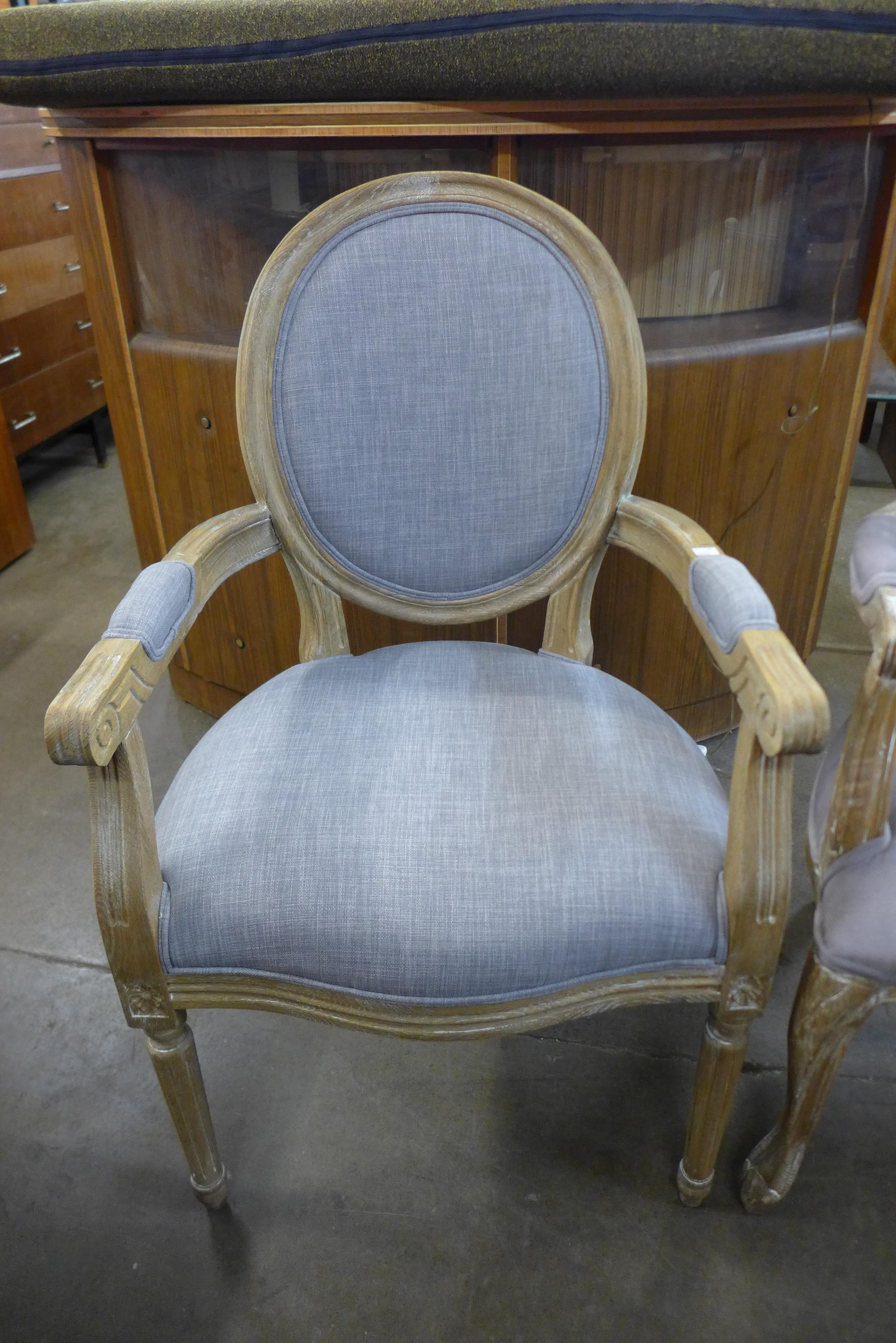 Two similar French style limed oak and upholstered fauteuils - Image 3 of 3