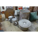 Assorted galvanised watering cans, buckets, etc.