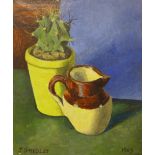 Joseph Smedley, still life of a jug and cactus in a vase oil on board, dated 1963, photograph of