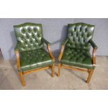 A pair of Regency style mahogany and green leather library chairs