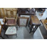 An oak gateleg table, firescreen, Victorian mahogany open armchair and another