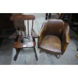 A child's leather armchair and a child's Windsor rocking chair