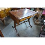 A Regency mahogany and satinwood inlaid sofa table, 80cms h, 87cms w, 62cms d