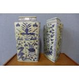 A pair of oriental blue and white porcelain triangular vases