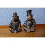 A pair of Austrian cold painted bronze monkey salt and pepperettes, 6.5cms h (one lacking top)