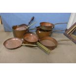 Four vintage copper and brass saucepans by Leon Jaeggi & Sons Ltd. Manufacturing, Coppersmiths,