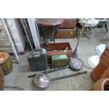 Assorted metalware, including warming pans, a Jerry can, etc.