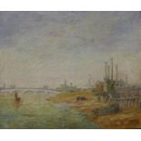 Post Impressionist School, industrial dockland landscape, oil on canvas, indistinctly signed, 50 x
