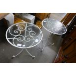 A pair of wrought iron and glass topped occasional tables and a cream painted standard lamp