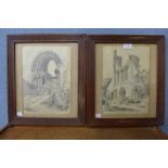 English School, two abbey ruin landscapes, pencil drawings on paper, framed