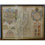 A 17th Century John Speede hand coloured engraved map, The Countie of Nottingham, 40 x 51cms, framed