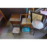 A teak bookcase, a trolley, fire screen, two chairs and two stools, etc. (10)