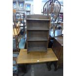 An oak open bookcase and a coffee table