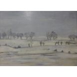 Audrey Ashton, snowy winter landscape, oil on board, 30 x 41cms, unframed