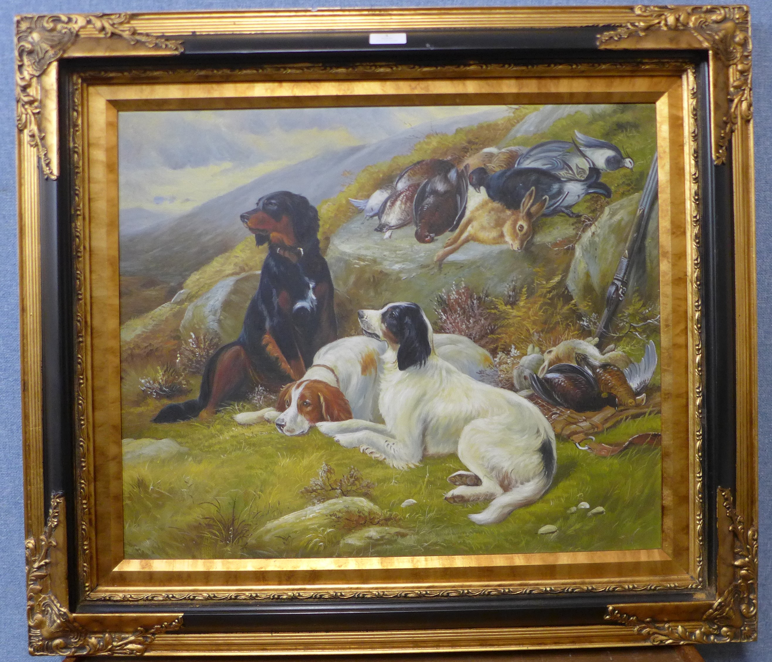 A landscape with English setters and game, oil on canvas, 50 x 60cms, framed - Image 2 of 2