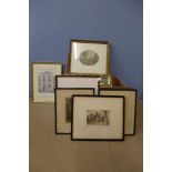 Assorted prints, etc., including a late 18th Century French engraved map of L' Angleterre, framed (