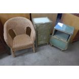 Two wicker bedside cabinets and a wicker chair