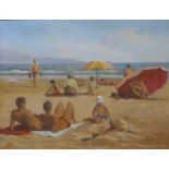 * Hodgkinson, figures sunbathing and playing on a beach , oil on board, 51 x 66cms, framed