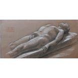 John Hall, reclining male nude, pastel, 25 x 50cms, unframed