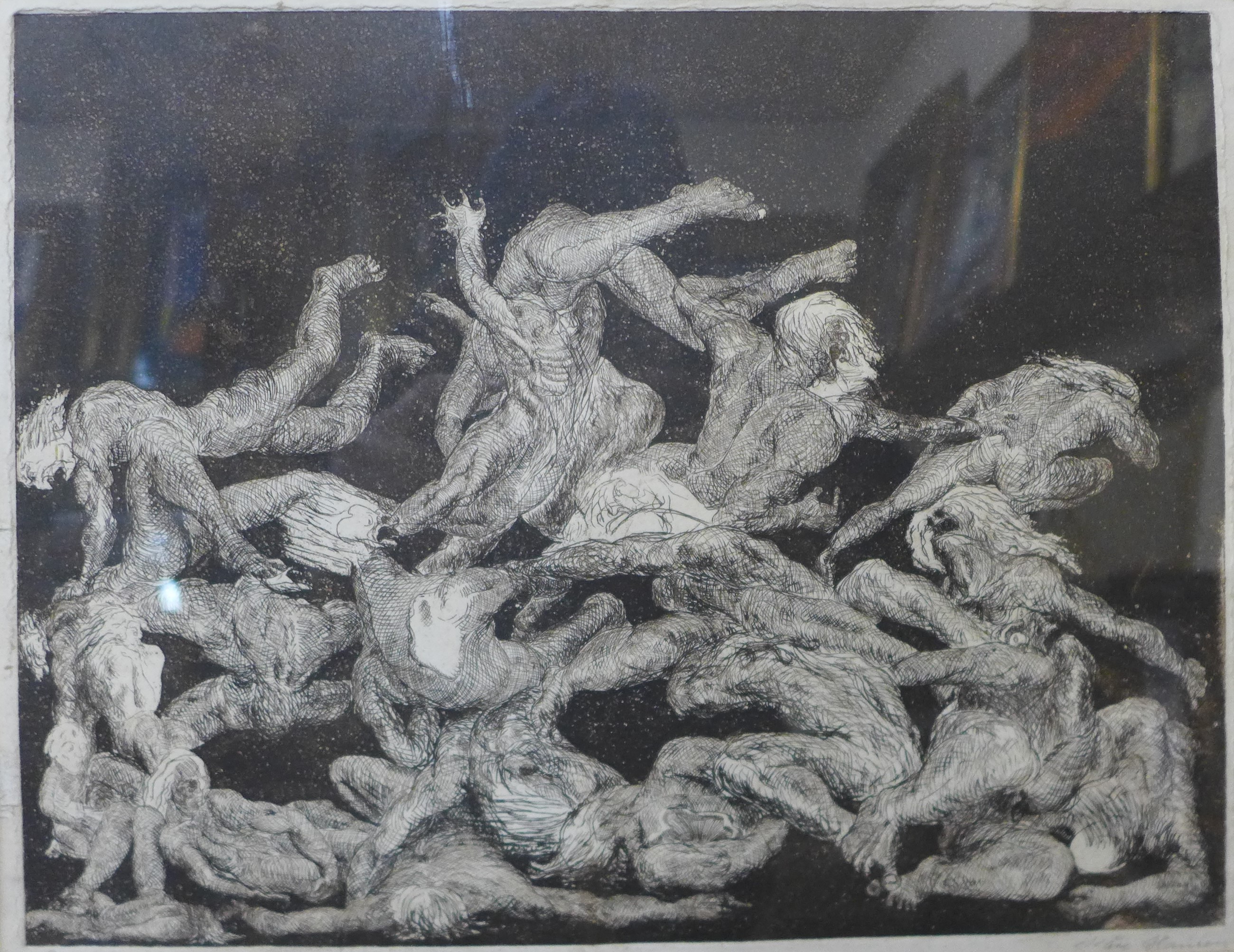 An indistinctly signed limited edition etching, Bacchanalian orgy, no. 3/5, 24 x 31cms, framed