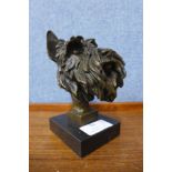 A bronze Scottish terrier dog head, on black marble socle, 15cms h