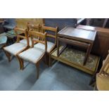 A set of four dining chairs, a teak and tiled top nest of tables and a coffee table