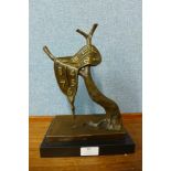 After Salvador Dali, bronze melting clock sculpture, on black marble socle, 30cms h