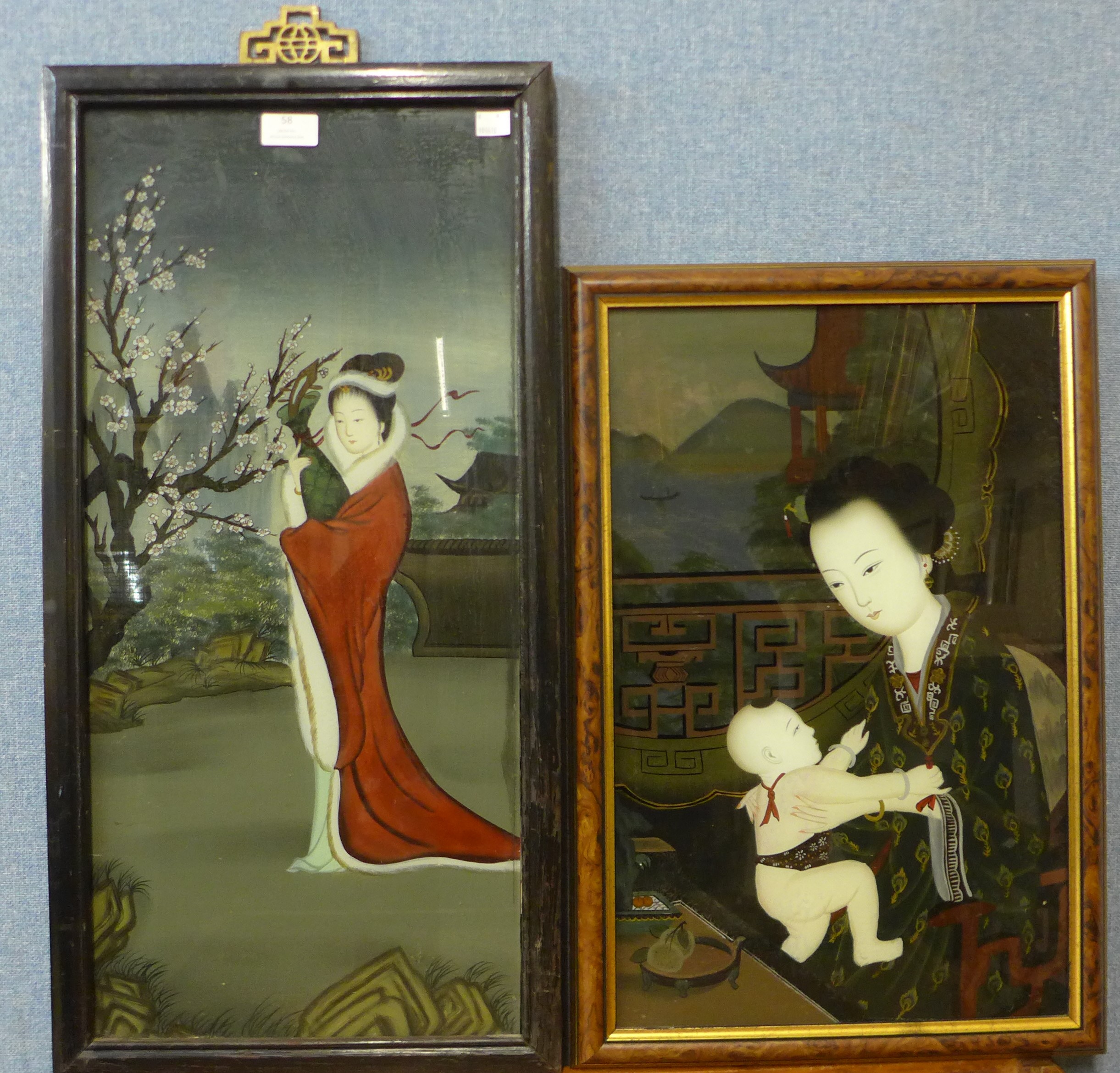 Two Japanese reverse oil paintings on glass and a pair of relief plaques, depicting Emperors