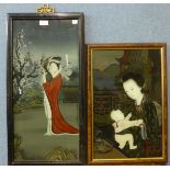 Two Japanese reverse oil paintings on glass and a pair of relief plaques, depicting Emperors