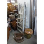 A vintage stepladder, a decorative storage jar with pine lid, an Albion fire grate and a part fire